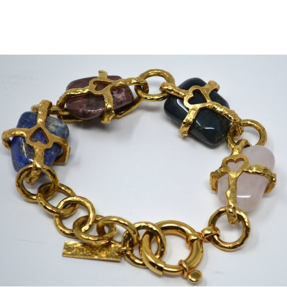 Yves Saint Laurent Arty Hammered Gold Plated Semi Precious Gem-Stones Bracelet - Picture 2 of 6